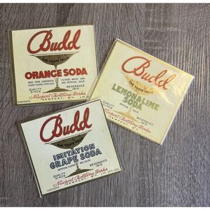 Vintage Budd Soda Labels (3) Orange Lemon & Lime Imitation Grape Newport NH